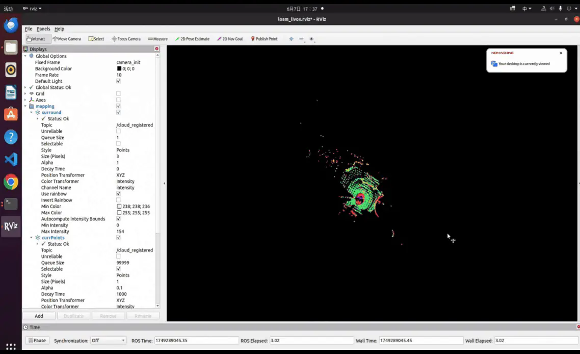 RViz displaying live LiDAR point-cloud mapping from Sentra